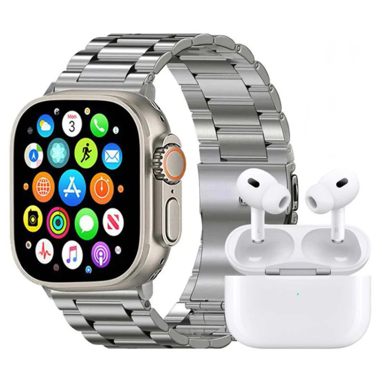 ساعت هوشمند ورنا مدل KW55 MAX with 7 bands and airpod pro دارای قابلیت های کنترل موسیقی (Music Player)، قابلیت مکالمه از طریق بلوتوث، پشتیبانی از زبان فارسی در منو و سیستمعامل، قابلیت تغییر طرح ساعت یا تم بند فلز