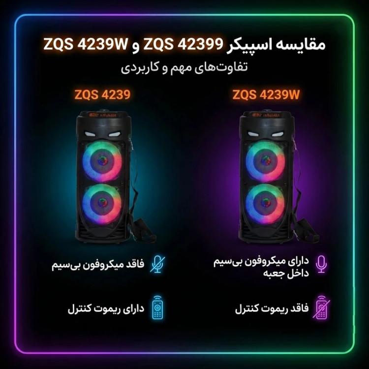 اسپیکر بلوتوثی قابل حمل سینگ ای مدل zqs-4239w، با اتصال بلوتوث، USB، جک 3.5 میلیمتری و شیار کارت حافظه، دارای باتری قابل شارژ و نور RGB