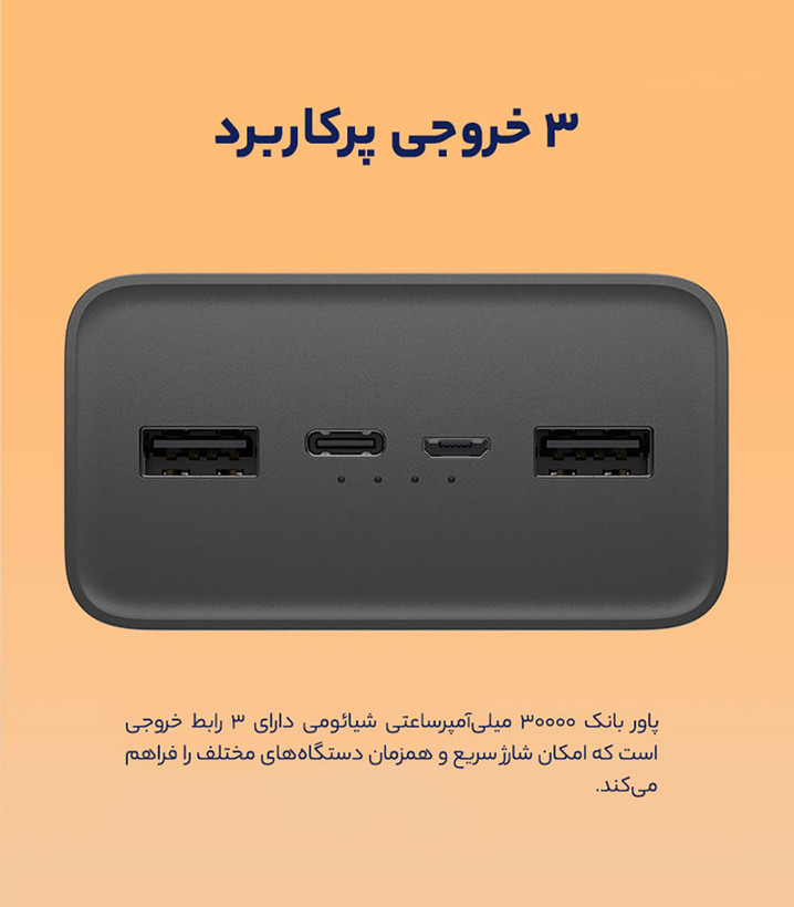 پاوربانک 18 وات شیائومی مدل Mi PB3018ZM ظرفیت 30000 میلی آمپر شیائومی اصل + پلمپ + ضمانت (12 ماه گارانتی)